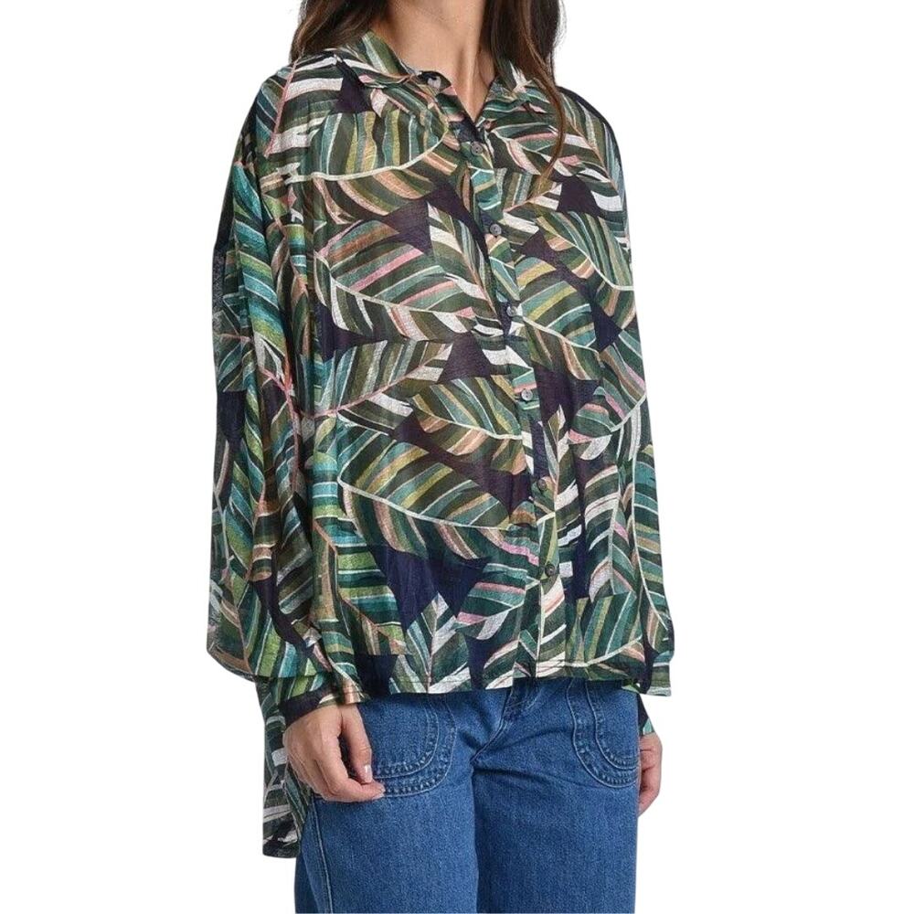 Molly Bracken Green Aloha Print Long Balloon Sleeve Button Up Relaxed Flared Top